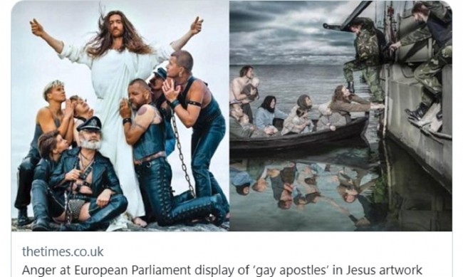 Исус заобиколен от гей мъже в кожени дрехи такава